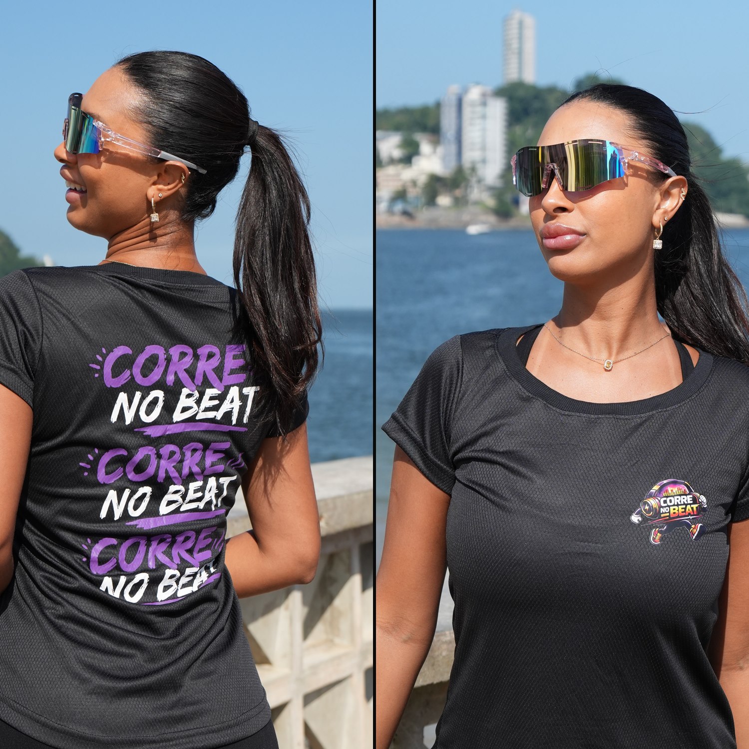 Camiseta feminina Corre no Beat — frente e costas
